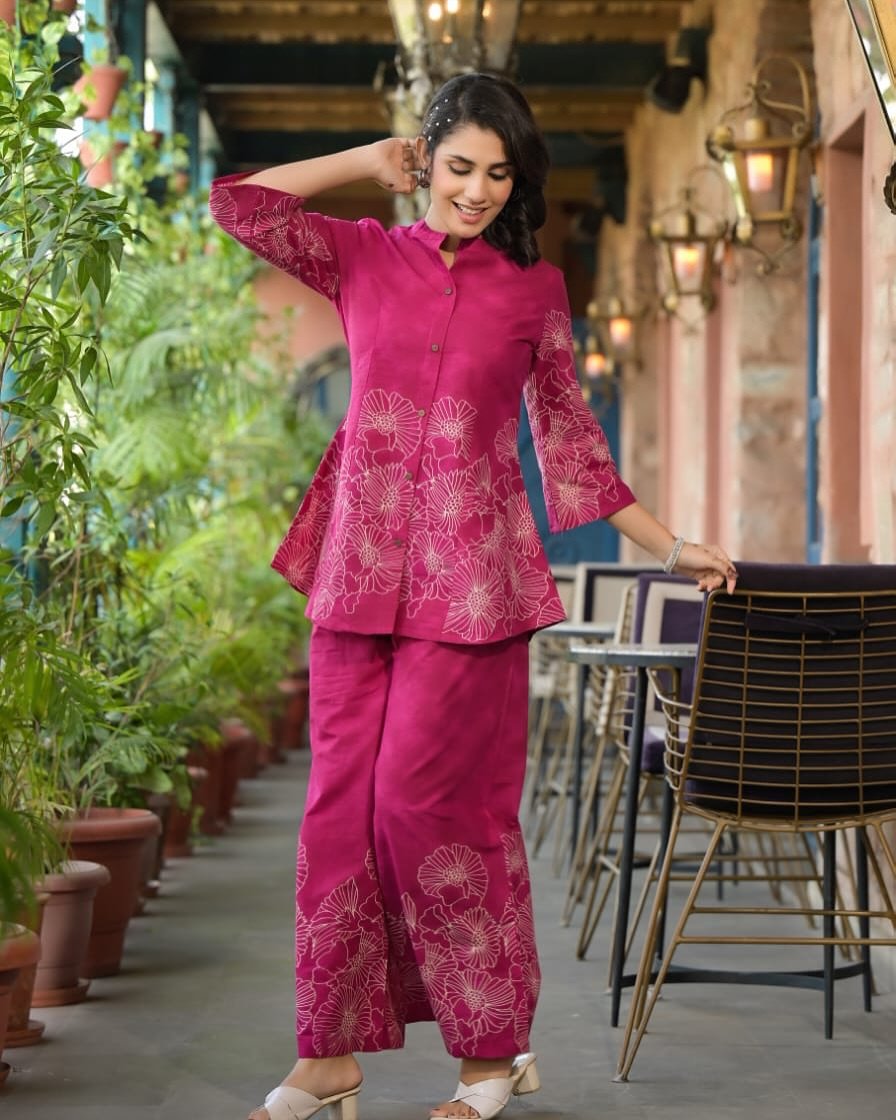 Pink Printed Cotton Co-Ord Kurta Set